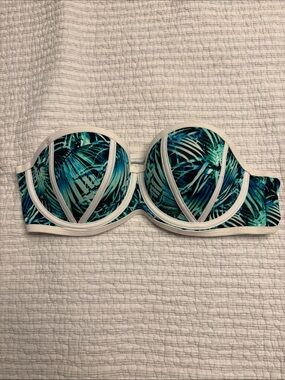 PINK Victoria's Secret Teal & Navy Palm Print Strapless Bikini Top Size LG A-C
